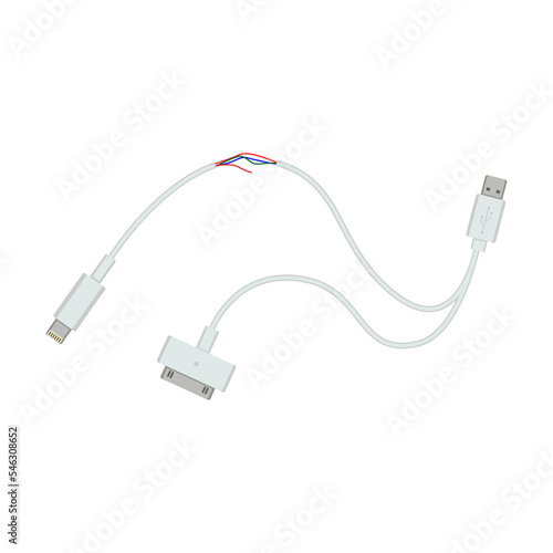Broken plug isolated in white background. Damaged wire and USB cable. Cartoon vector illustration. Circuit, electricity, disconnection, repair concept for banner design