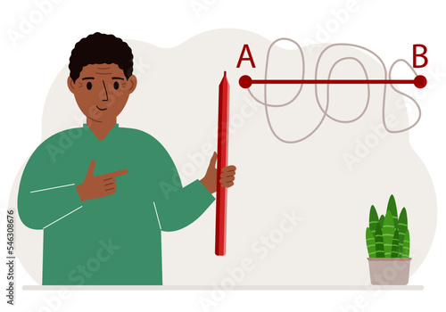A man with a red pencil in his hand. A line is drawn from point A to point B, a straight and difficult path, the shortest distance to the goal, an easy or short path to success in business and life.