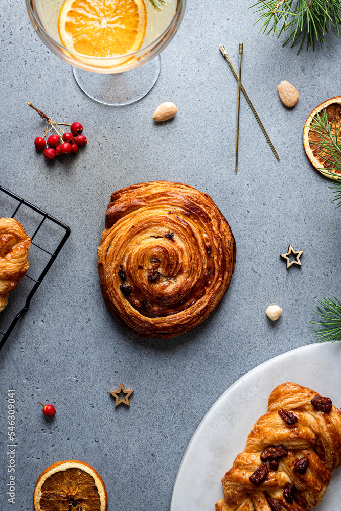 Delicious baked pastries with Christmas decoration Delicious baked pastries with Christmas decoration