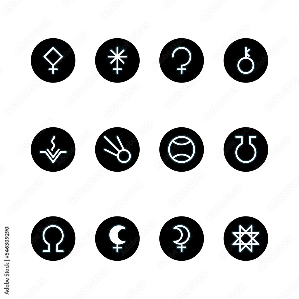 ASTEROID GODDESSES zodiac horoscope thin line label linear design esoteric stylized elements symbols signs. Vector illustration icons ASTEROID GODDESSES zodiac horoscope thin line label linear design esoteric stylized elements symbols signs. Vector illustration icons
