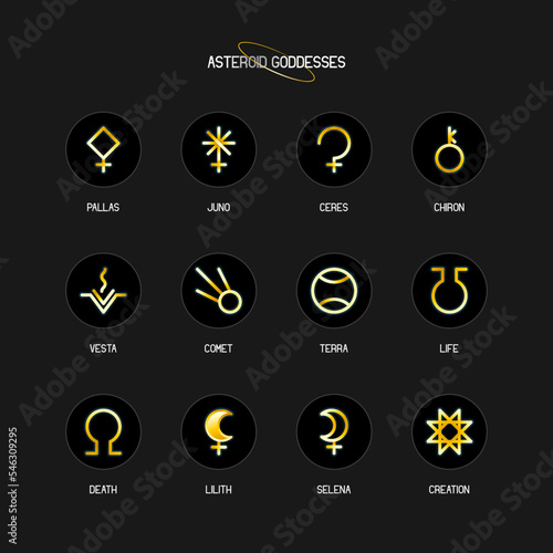 ASTEROID GODDESSES zodiac horoscope thin line label linear design esoteric stylized elements symbols signs. Vector illustration icons