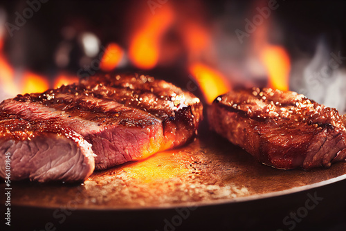 Juicy medium beef steak slices herbs spices and salt background copy space