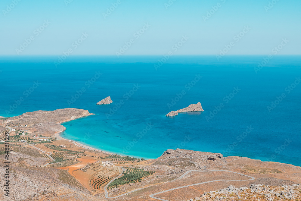 xerokampos sitia, crete island, greece: beautiful beach without people and colorful sea at western crete