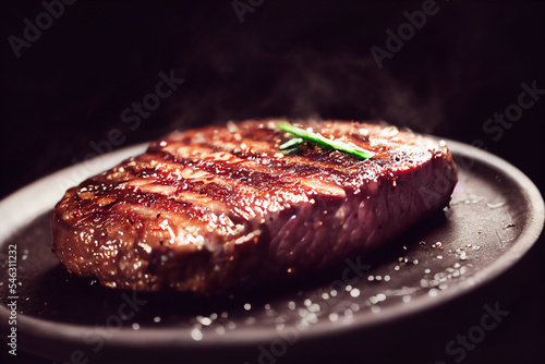 Juicy medium beef steak slices herbs spices and salt background copy space