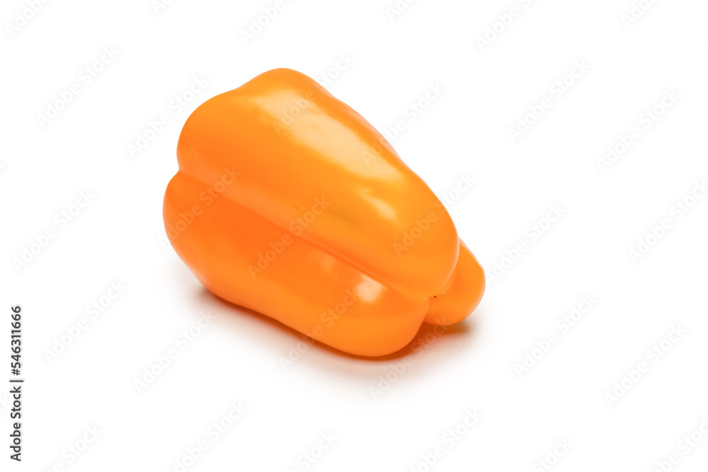 Orange bell pepper isolated on white background. Top view. Copy space. Orange bell pepper isolated on white background. Top view. Copy space.