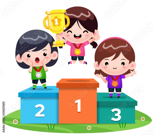 Wallpaper Mural Cute Girl Athletes As Sport Competition Winners Standing On Podium Torontodigital.ca