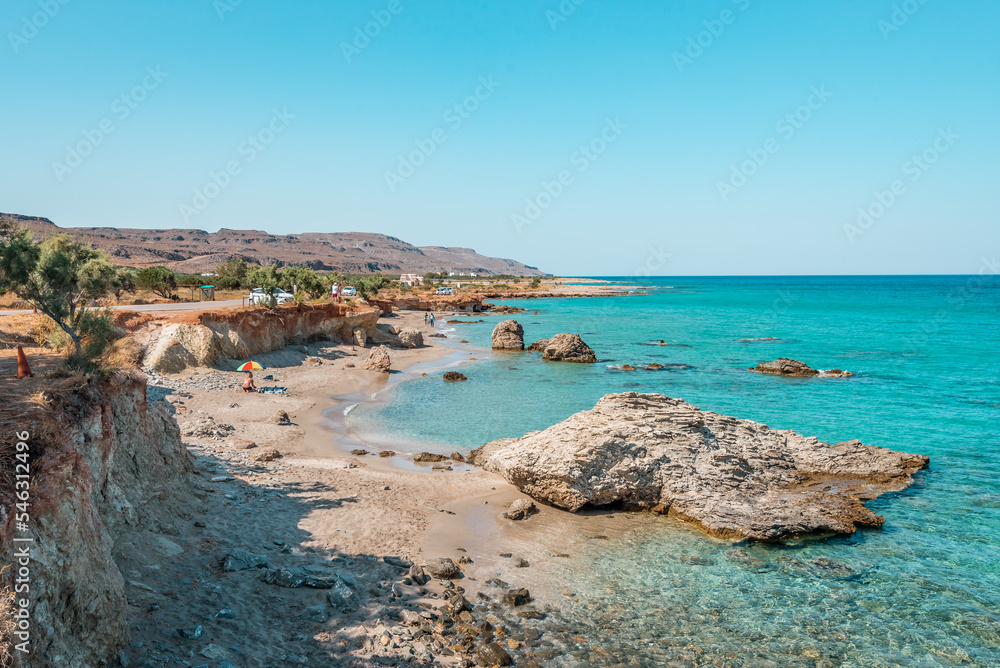 xerokampos sitia, crete island, greece:  beautiful beach without people and colorful sea at western crete