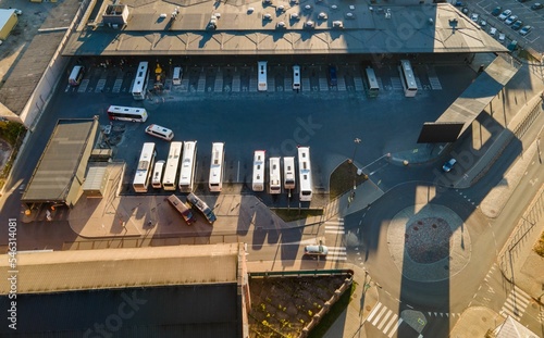 Bunch of buses parked in a station in Kaunas City, Lithuania, aerial