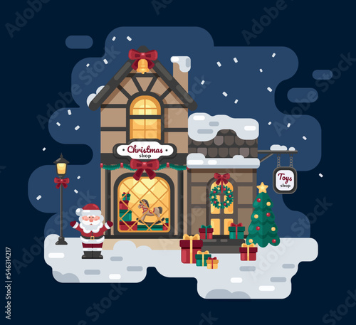 Winter vector shop of Christmas toys in flat style. Illustration of a Christmas store with a tiled roof, snowfall, snowdrifts, gift boxes, a Christmas tree and Santa Claus.