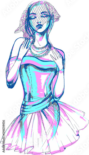 modern girl poster, stylized portrait, model in dress, dress, vintage, retro, woman, girl and nostalgia 