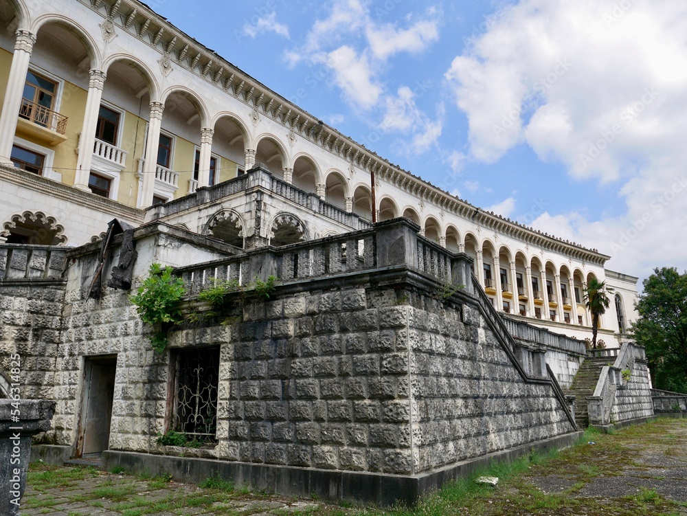 Facade of abandoned Soviet sanatorium Shakhtiori, Meshakhte, in Tskaltubo, Georgia, 9.08.2022.
