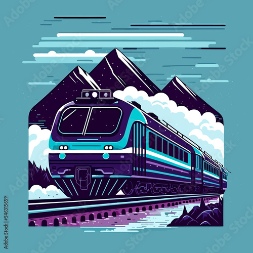 Editable vector illustration of a modern train with mountains and a cloudy sky in the background