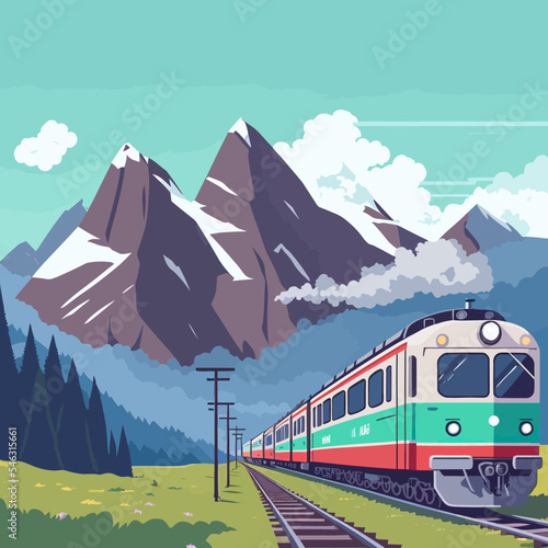 Editable vector illustration of a modern train with mountains and a cloudy sky in the background