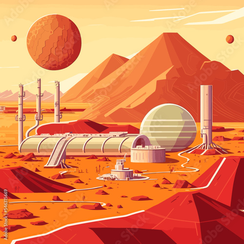 Photo Editable vector illustration of the Mars colony in space with mountains and moon