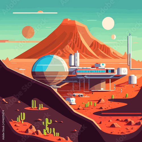 Editable vector illustration of the Mars colony in space with mountains and moons in the background