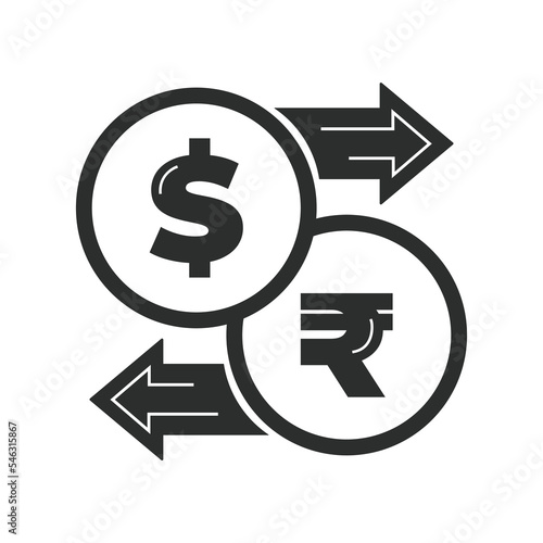  Vector illustration. Currency exchange. Money conversion. Rupee to dollar icon isolated on white background. Dollar to rupee exchange icon with arrow 