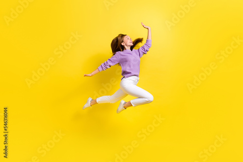 Full length profile side photo of carefree crazy lady wear trendy violet sweater look hold empty space isolated on yellow color background
