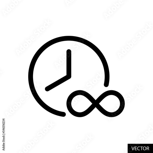 Infinite time, Unlimited, Clock and infinity symbol vector icon in line style design for website, app, UI, isolated on white background. Editable stroke. Vector illustration.