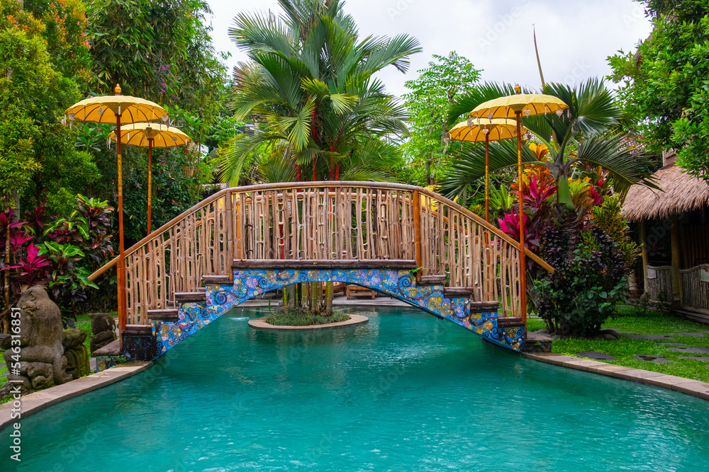 Magnifique piscine bohémienne avec pont à Ubud, Bali, Indonésie.