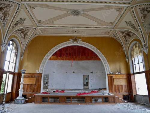 Concert hall of abandoned Soviet sanatorium Shakhtiori, Meshakhte, in Tskaltubo, Georgia, 9.08.2022. photo