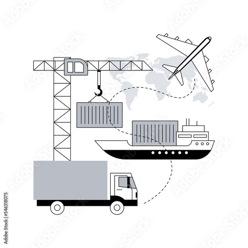 Combined transport abstract concept vector illustration. Intermodal multimodal transport, goods movement, truck delivery, plane shipping, freight train platform, found baggage abstract metaphor.