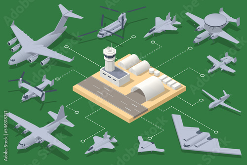 Isometric military fighter jet aircrafts, large military transport aircraft, helicopter gunship, attack helicopter parked. Military air force base army facilities with hangars