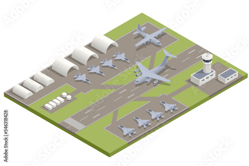 Isometric military fighter jet aircrafts, large military transport aircraft, parked. Military air force base army facilities with hangars
