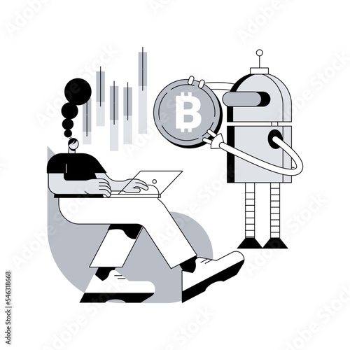 Crypto trading bot abstract concept vector illustration. Automated AI tradings, best bitcoin trading bot analyze cryptocurrency market data, financial exchange, earning profit abstract metaphor.
