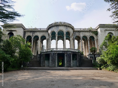 Facade of abandoned Soviet sanatorium Medea in Tskaltubo, Georgia. photo