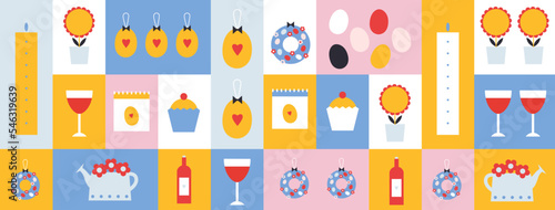 Happy Easter flat icons vector. Egg, dove, flower, set illustration. Egg hunt poster template. Festive spring holiday event design in flat cartoon style. All elements are isolated.