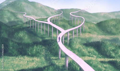 Concept art of surreal road, way, lost, life and endless. conceptual 3d illustration. mysteryof building in nature landscape. painting artwork. 