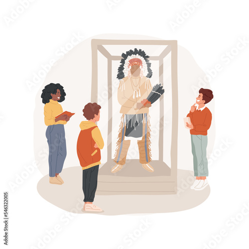 Visiting Native American museum isolated cartoon vector illustration. Learn about native culture, visit museum, history class field trip, American Indian traditional costume vector cartoon.