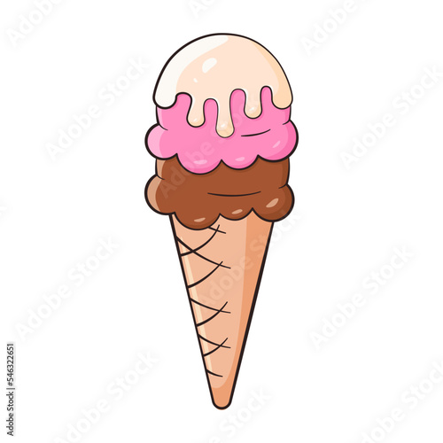 Ice cream balls in waffle cone. Cartoon. Vector illustration. Isolated on white background