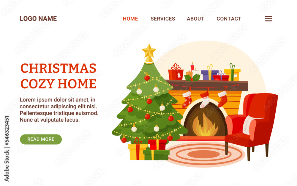 Christmas cozy home of the template website festive interior. Red armchair, New Year tree with presents. Fireplace with gifts, candles and socks. Vector banner, website for store, advertising