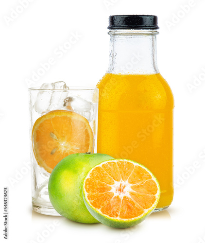 Fototapeta Naklejka Na Ścianę i Meble -  orange fruit and orange juice in bottle white glass and ice isolated on white background
