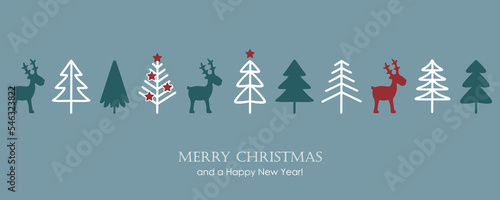 blue christmas greeting banner with deer fir tree and snowflake decoration
