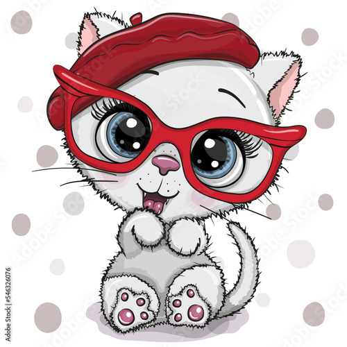Cartoon kitty in red beret with red glasses