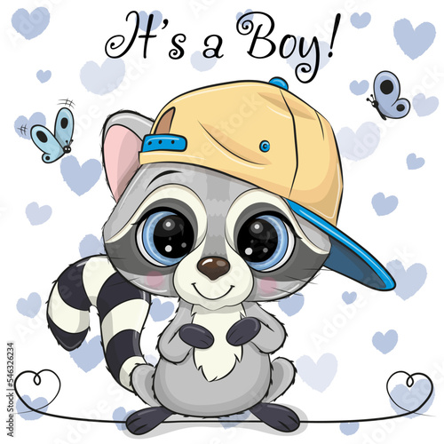 Cartoon Raccoon with a yellow cap on a heart background