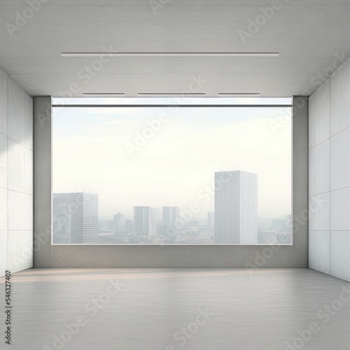 Light blank concrete wall in the center of empty hall room with big windows and city view. Mockup. 3D rendering High quality illustration