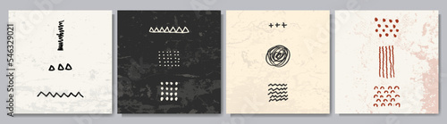 Vector illustration. Abstract contemporary aesthetic backgrounds. Design for social media template, web banner, blog post. Black marker stroke. Hand drawn lines. Nordic retro style. Grunge overlay