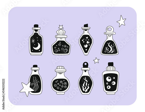 Witch potions vector illustration collection. elixirs of the alchemist, wizard, mage. flasks, vials with liquid. potion icons set