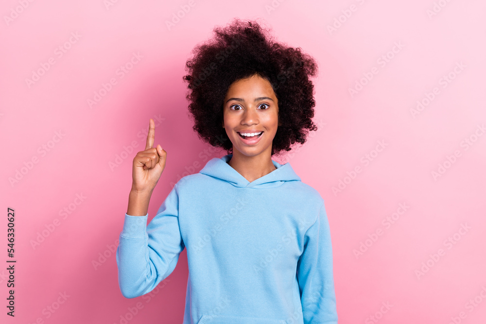 Photo of charming little smart clever positive girl pupil wear stylish sweater rejoice answer knowledge isolated on pink color background Photo of charming little smart clever positive girl pupil wear stylish sweater rejoice answer knowledge isolated on pink color background
