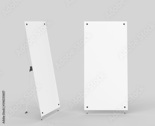 Blank roll up banner, mockup vertical x stand front and side view, 3d render. Realistic set of white board, display for exhibition or promotional presentation isolated on background photo