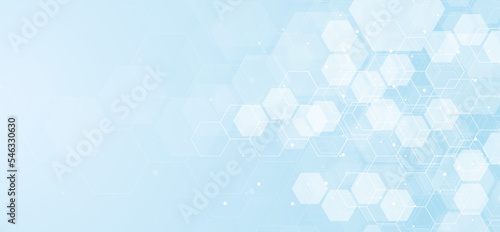 Hexagons pattern on blue background. Genetic research, molecular structure. Chemical engineering. Concept of innovation technology. Used for design healthcare, science and medicine background