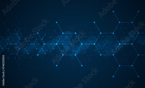 Hexagons pattern on blue background. Genetic research, molecular structure. Chemical engineering. Concept of innovation technology. Used for design healthcare, science and medicine background