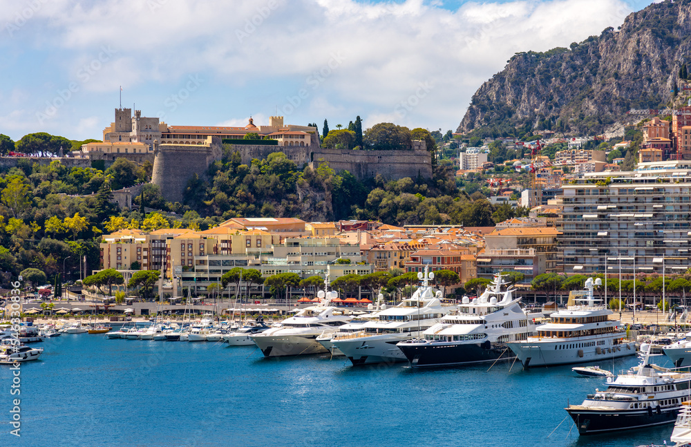 Panoramic view of Hercules Port and yacht marina with Monaco Ville Rock quarter at French Riviera coast in Monte Carlo district of Monaco Principate