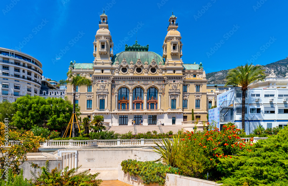 Seaside facade of Monte Carlo Opera house Salle Garnier and Casino at French Riviera coast in Monte Carlo district of Monaco Principate