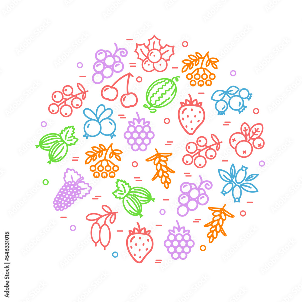 Berries Round Design Template Color Thin Line Icon Concept. Vector Berries Round Design Template Color Thin Line Icon Concept. Vector