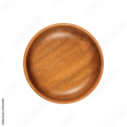Empty Wood Bowl Isolated, Wooden Bowl on White Background Top View, Rustic 3d Vector Mock Up