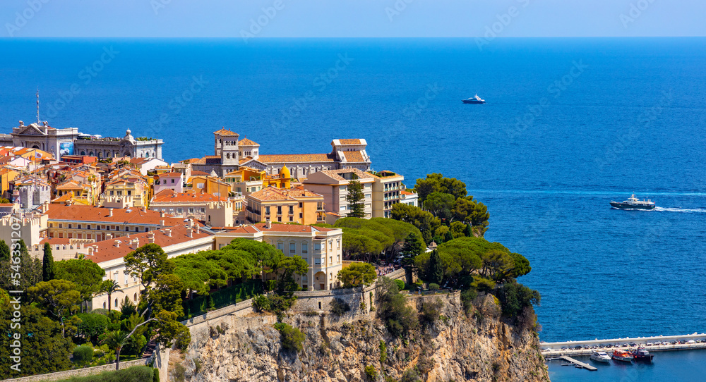 Panoramic view of Monaco Ville Rock royal old town district on French riviera at Mediterranean Sea coast